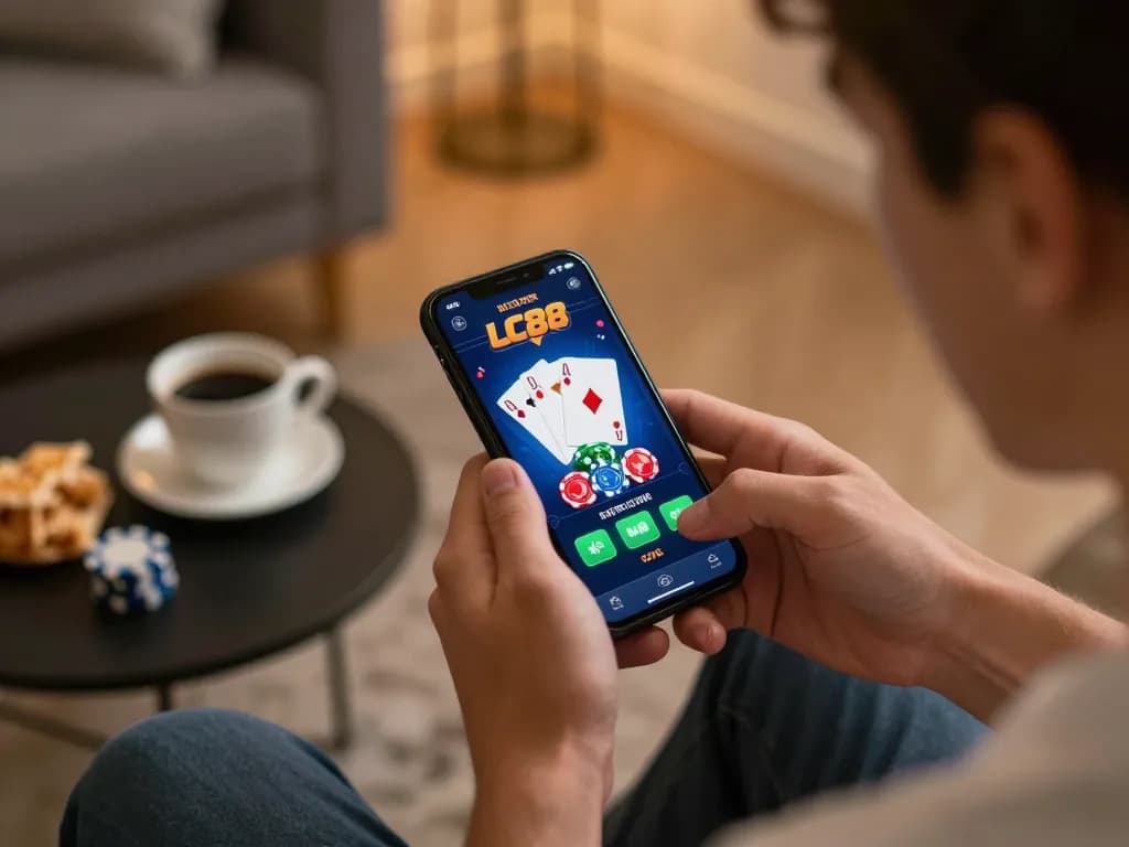 Engaging gameplay on LC88 casino app highlighted on smartphone during cozy home session