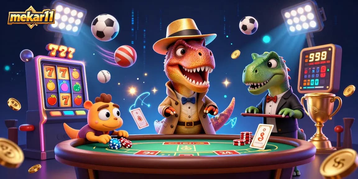 Experience winning strategies with mekar11 while a velociraptor card counter plays at a busy slot table.