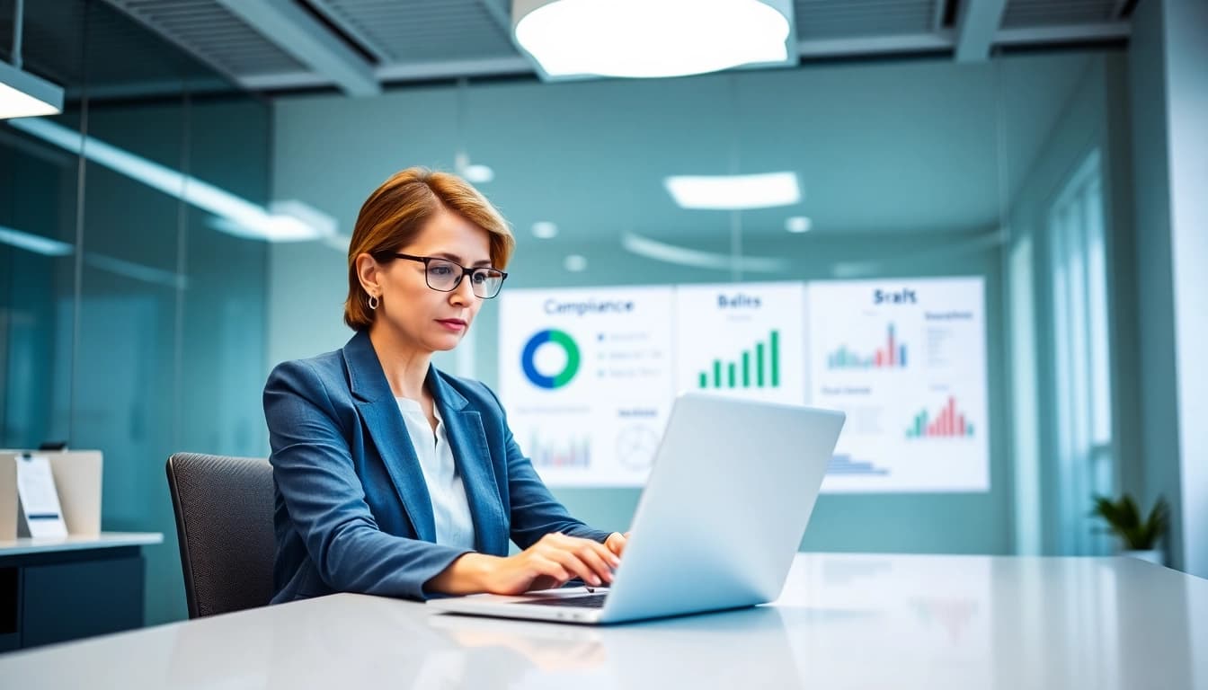 Consultant analyzing grants and pre-post award compliance data in a modern office.