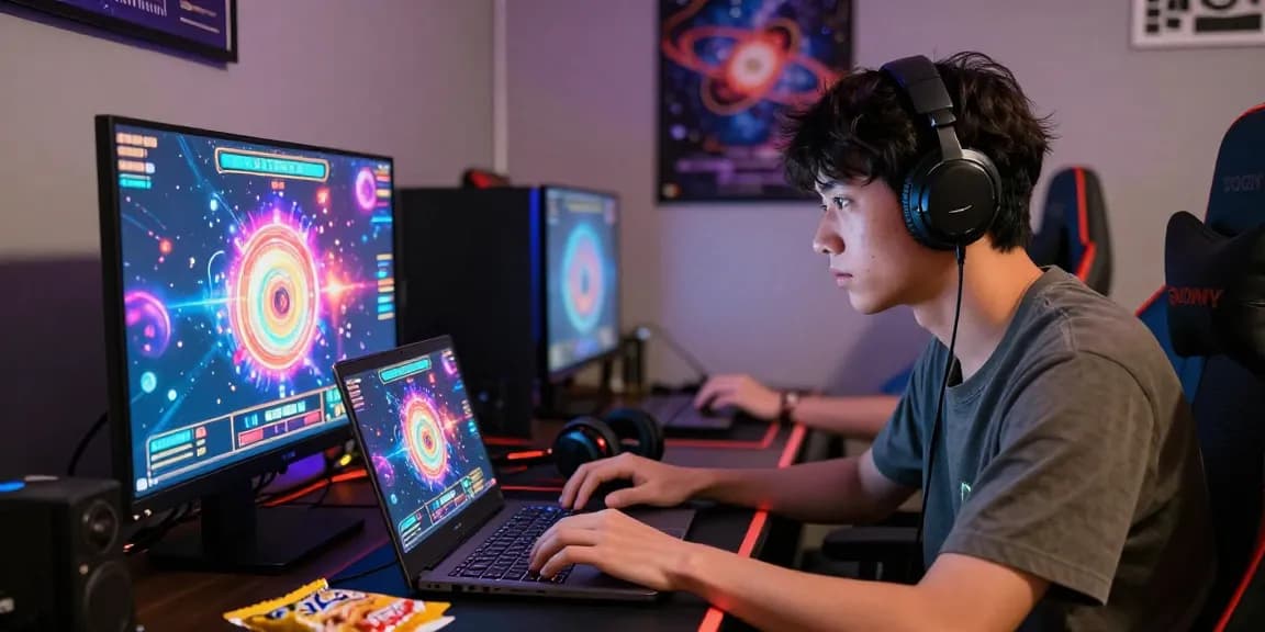 Player engrossed in spaceman-themed slot game on laptop with vibrant cosmic visuals and gaming setup.