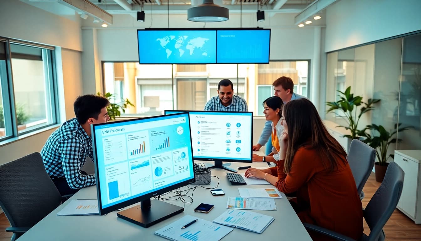 Engaging team utilizing enterprise assistant software for improved productivity in a modern office.