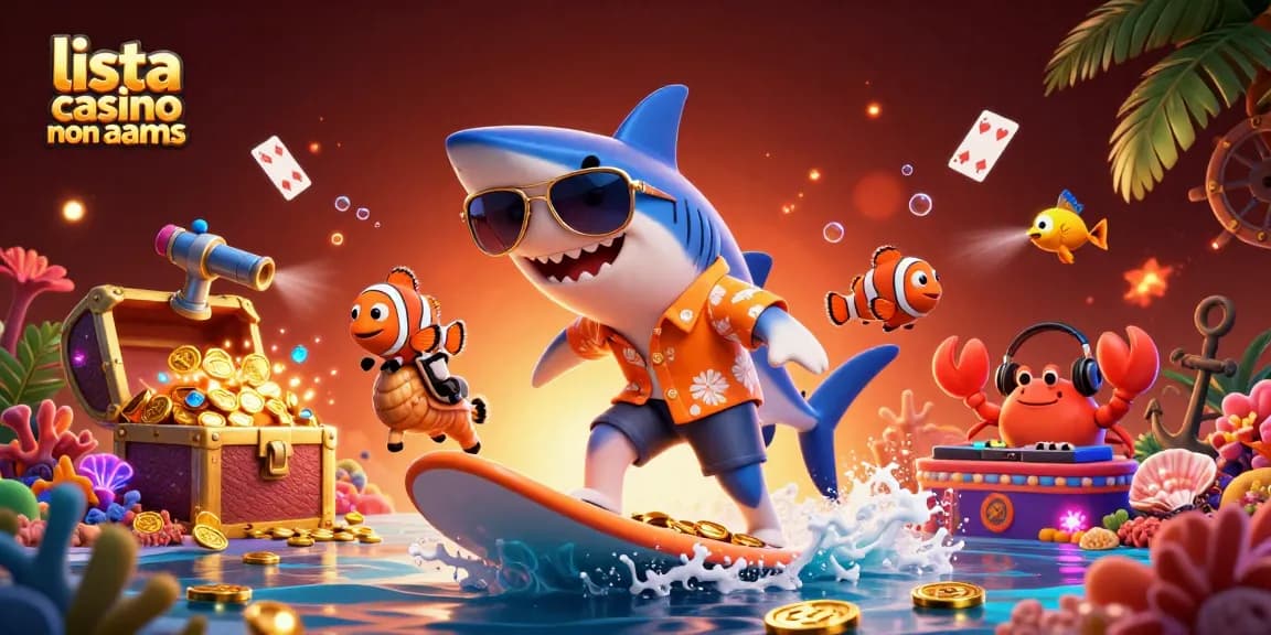 Scopri la lista casino non AAMS con un'illustrazione di un pesce surfista su un'onda di oro.