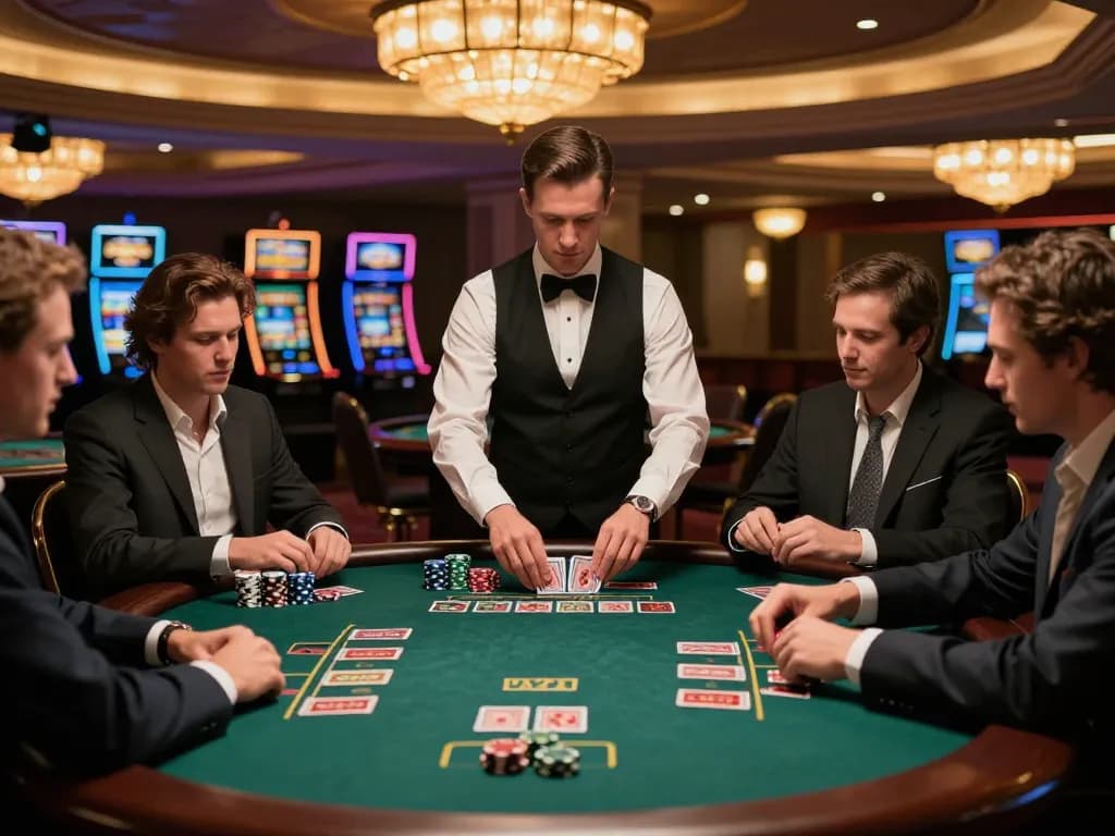 Engaging scene of players at a blackjack table, studying their hands while enjoying the thrill of ดูหนังใหม่ strategies in an upscale casino environment