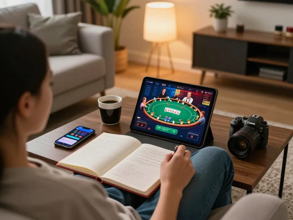 Player enjoying SC88 online gaming on a cozy sofa while strategizing poker gameplay.