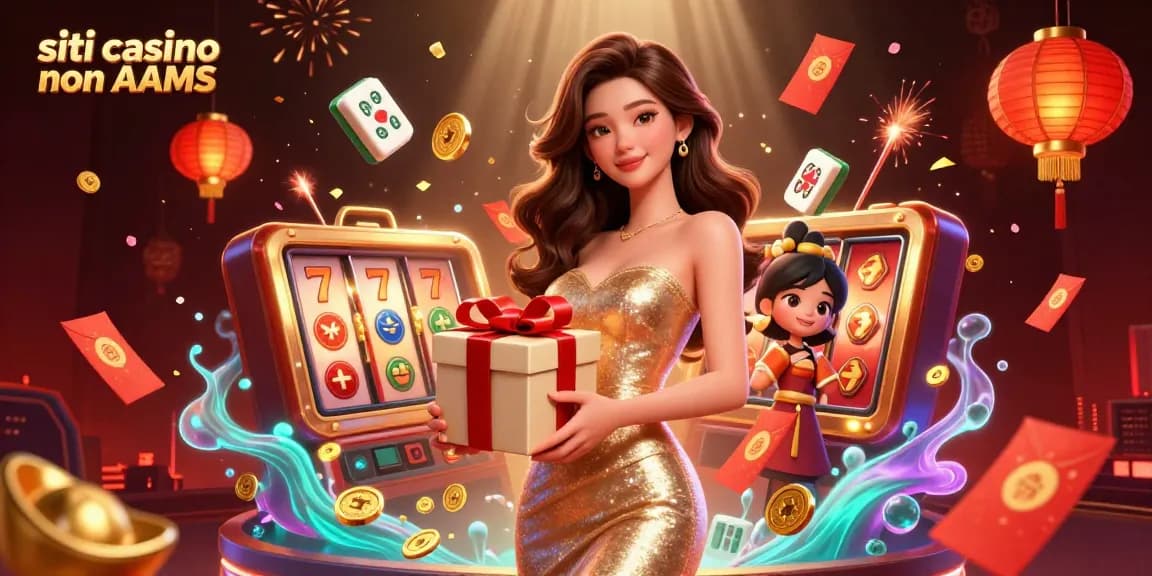 Siti casino non AAMS illustrazione vivace che mostra il tema festivo del Capodanno Lunare con il personaggio principale, slot e monete.