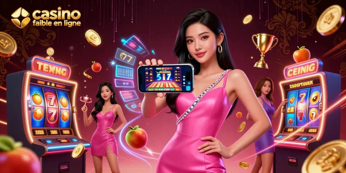 Engagez-vous avec un casino fiable en ligne présentant une élégante femme asiatique jouant à un jeu de croupier en direct sur un smartphone entourée d'éléments de casino dynamiques.