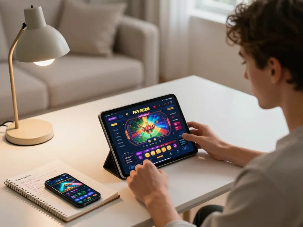Player engaging with FAFA828's online casino app on tablet, demonstrating strategic gameplay in a cozy home setting