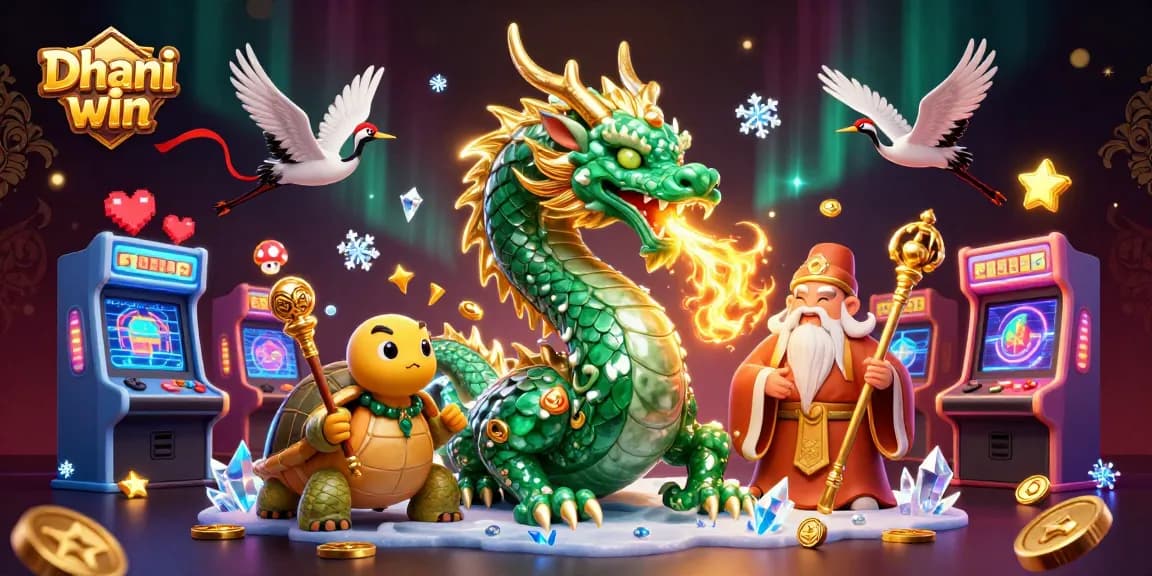 Dhani win showcases players enjoying thrilling gameplay with fantasy elements like a jade dragon and arcade games.