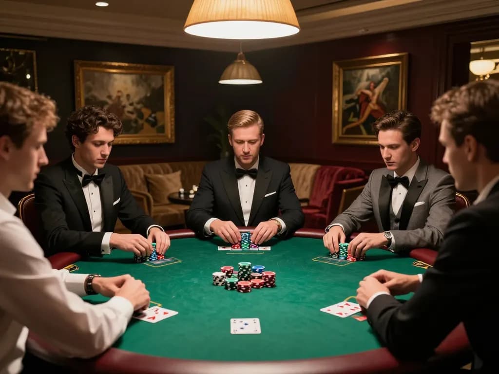 TG 88 poker players strategizing around a green felt table in a luxurious setting.