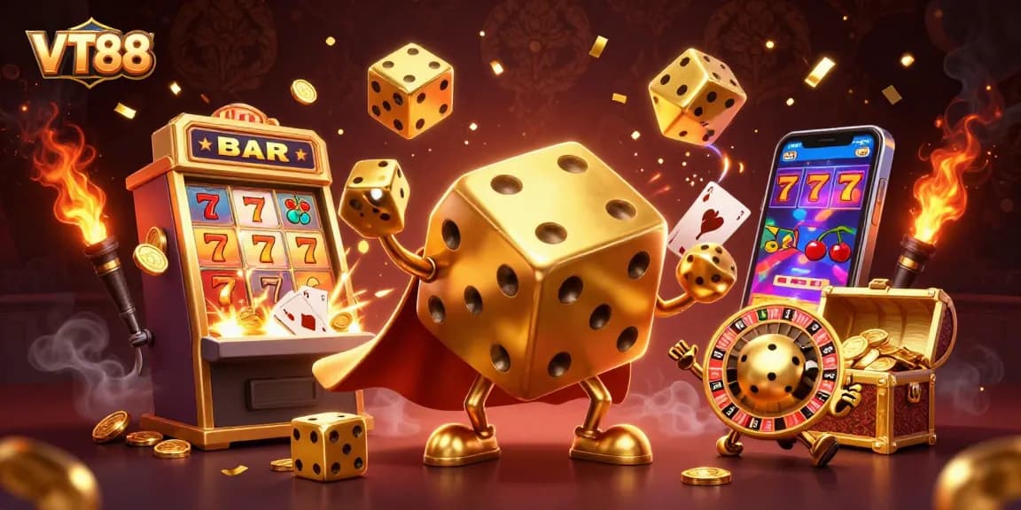 Experience thrilling VT88 gaming with golden dice, slot machines, and casino excitement!