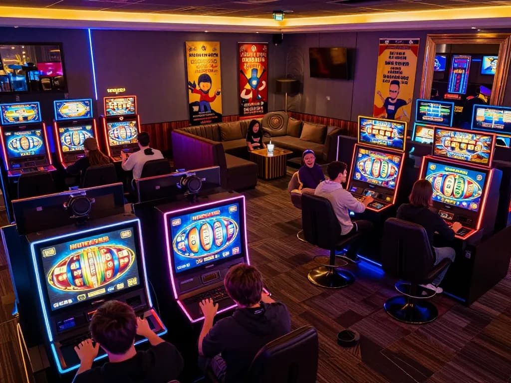 Các game thủ tận hưởng những máy slot HITCLUB đầy màu sắc dưới ánh đèn neon, thể hiện những hành động chơi game thú vị.