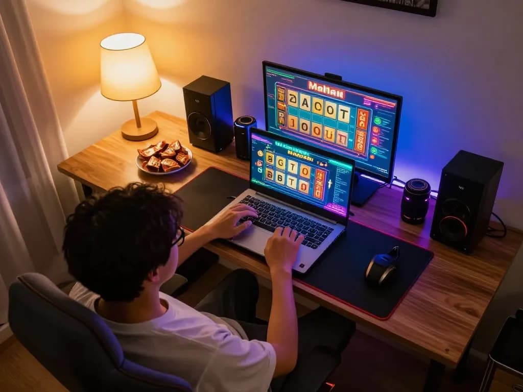 Play Slot Mahjong on a laptop in a cozy home setup, capturing online gaming excitement.