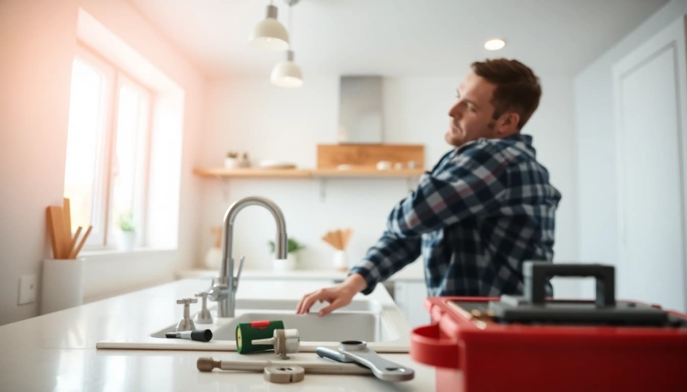 Plumber near me repairing a kitchen sink with tools organized on the countertop.