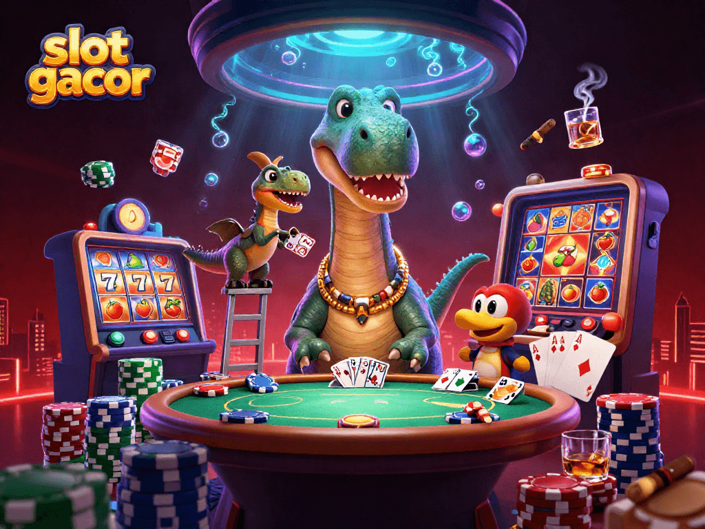 Engage with slot gacor in an animated casino scene filled with vibrant game elements.