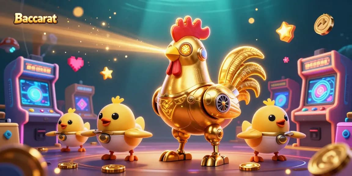 Baccarat table with animated golden rooster robot and baby chick drones set in a vibrant casino scene