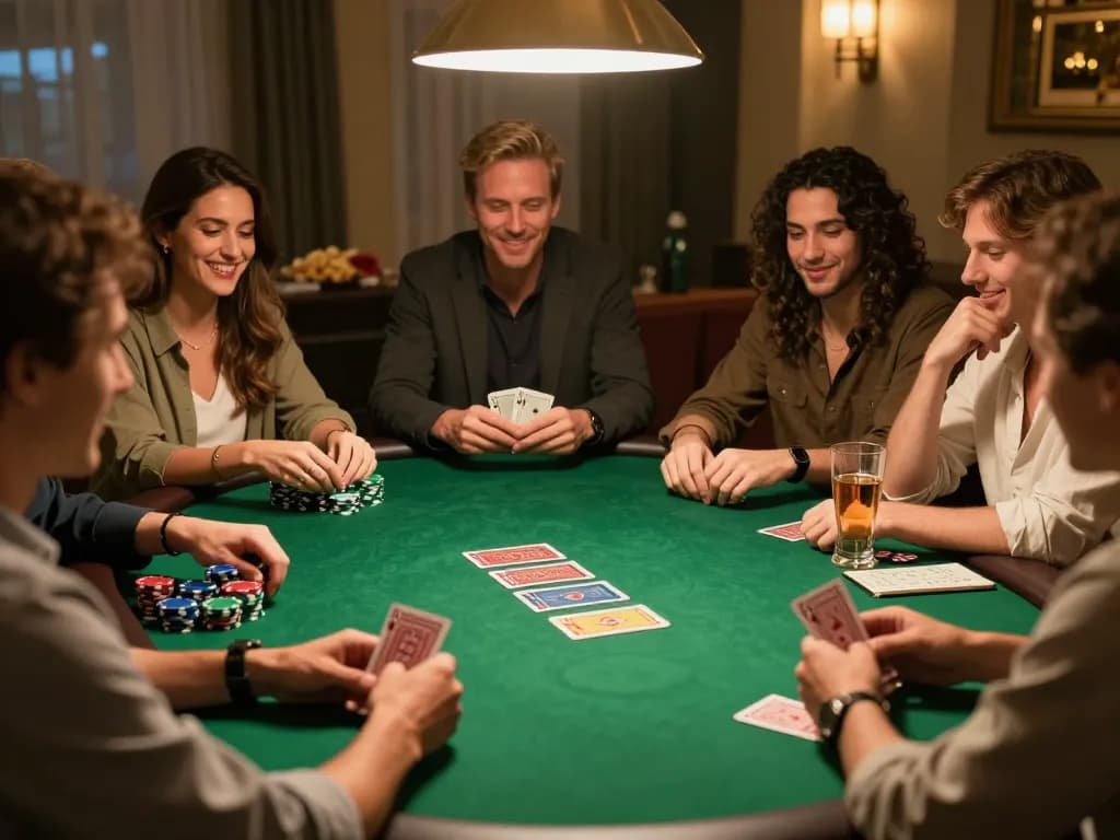 Kelompok menikmati sesi strategi poker sambil bermain permainan APK Ulat123 di meja rumah.