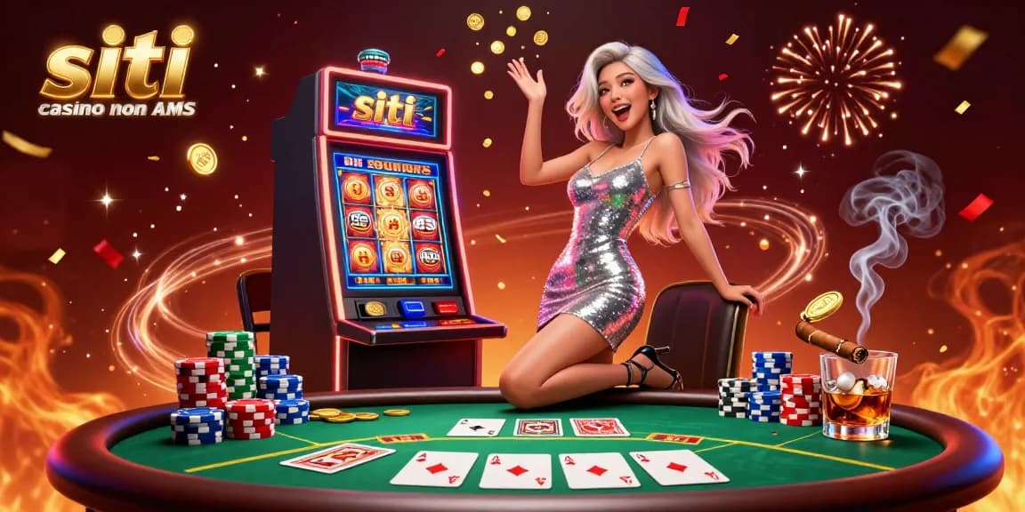 siti casino non AAMS celebra vittorie con una donna straordinaria accanto a una slot machine e dinamici elementi di poker.