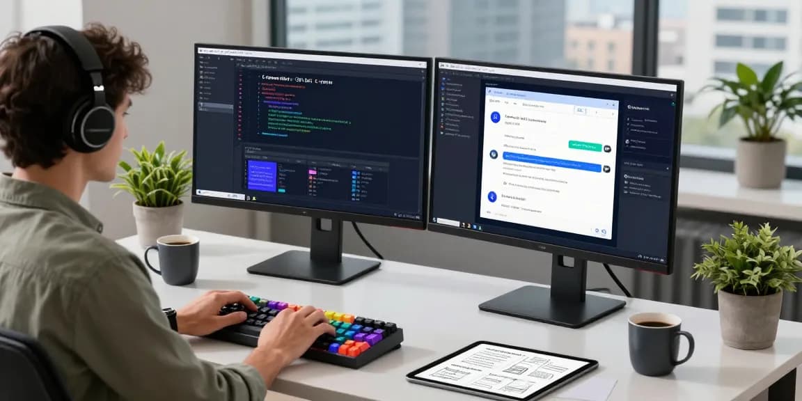 Developer using openclaw ai in a modern workspace with dual monitors and vibrant coding.