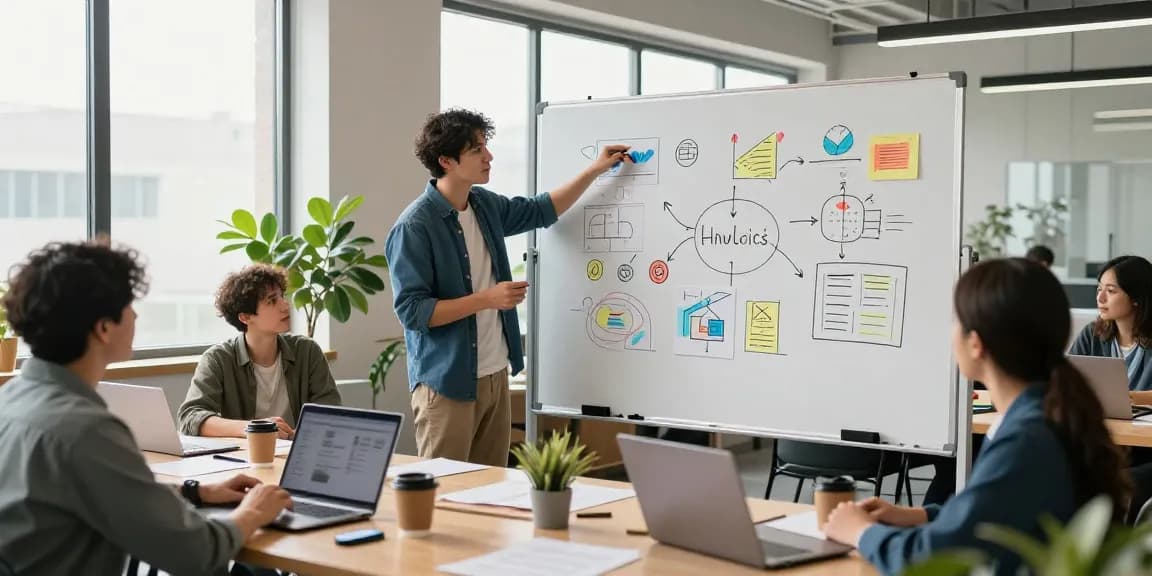 Entrepreneur brainstorming innovative business ideas at https://www.startsomethingpc.com in a vibrant startup workspace.
