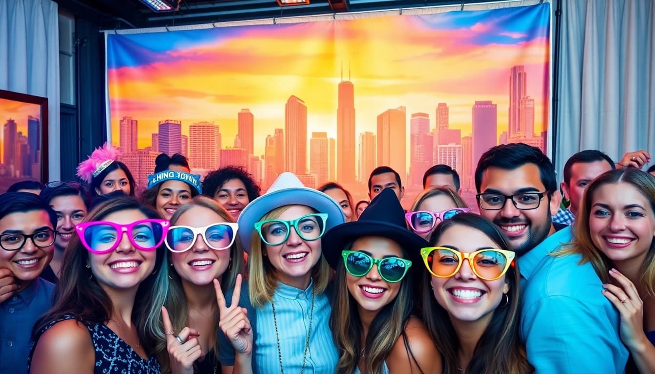 Engaging photo booth chicago at a vibrant Chicago event filled with smiling attendees and colorful props.