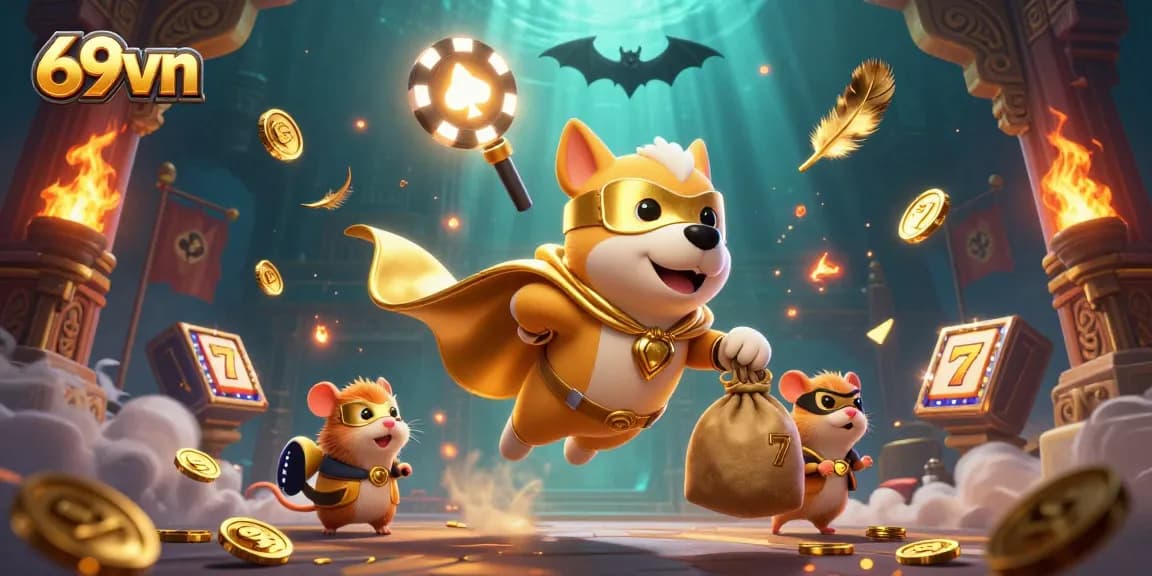 Engage with 69vn's dynamic online slot action featuring a superhero dog and exciting casino elements.