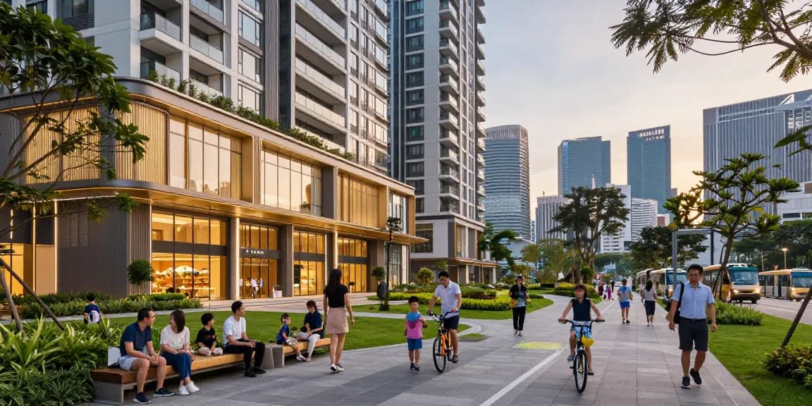 Tanjong Rhu Residences showcasing its modern architecture and vibrant community interaction in Singapore during sunset.