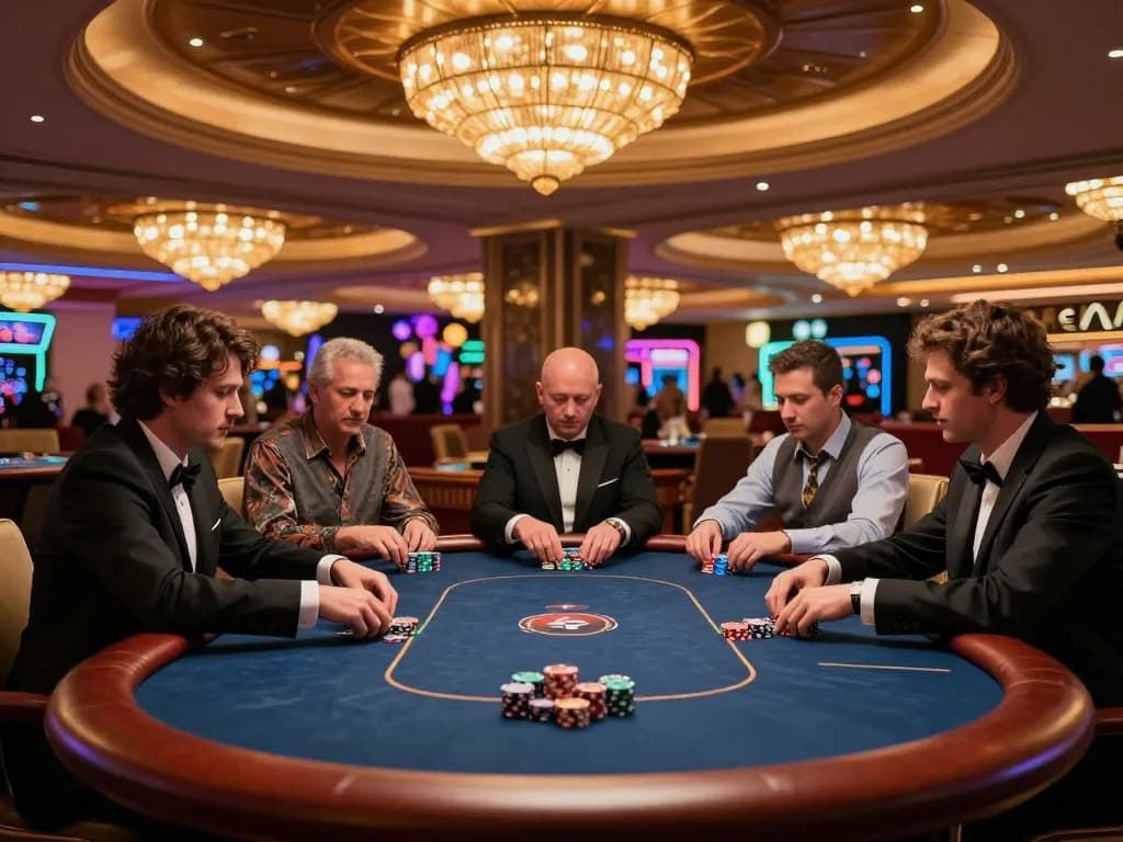 Players enjoying high-stakes poker in an exclusive 100cuci VIP gaming area, showcasing luxury and excitement.
