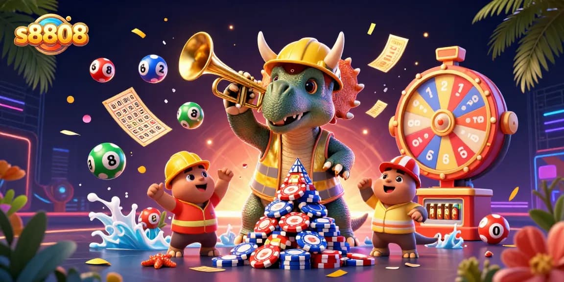 s8808 celebrates exciting casino gameplay with triceratops building poker chip pyramid in 3D