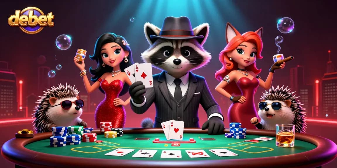 Experience the excitement of debet gaming with a raccoon holding a royal flush in a vibrant casino scene.