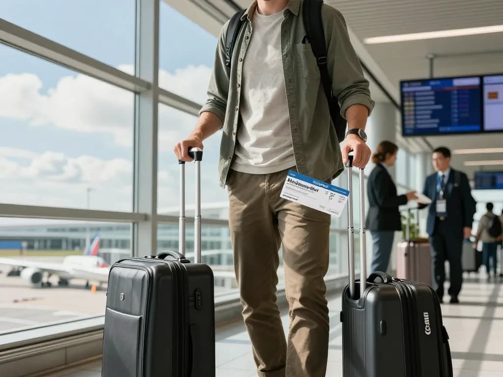 Birmingham Airport from Halifax, traveler ready to board flight at Halifax Stanfield International Airport with boarding pass and suitcase.