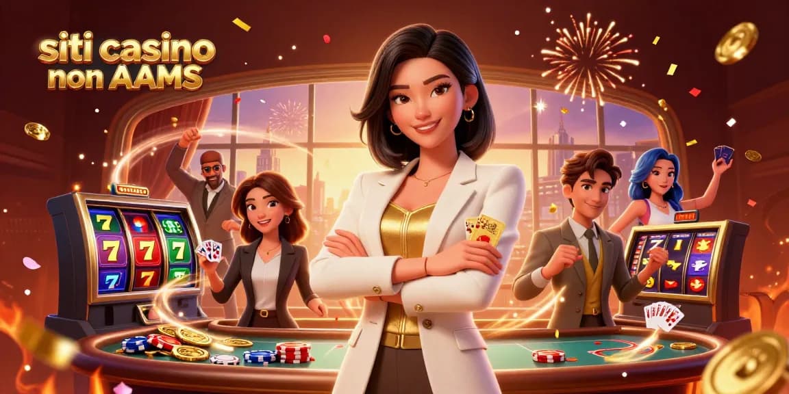 I siti casino non AAMS mostrano una donna asiatica elegante in un casinò, mentre tiene in mano delle carte da poker tra simboli di slot vibranti.