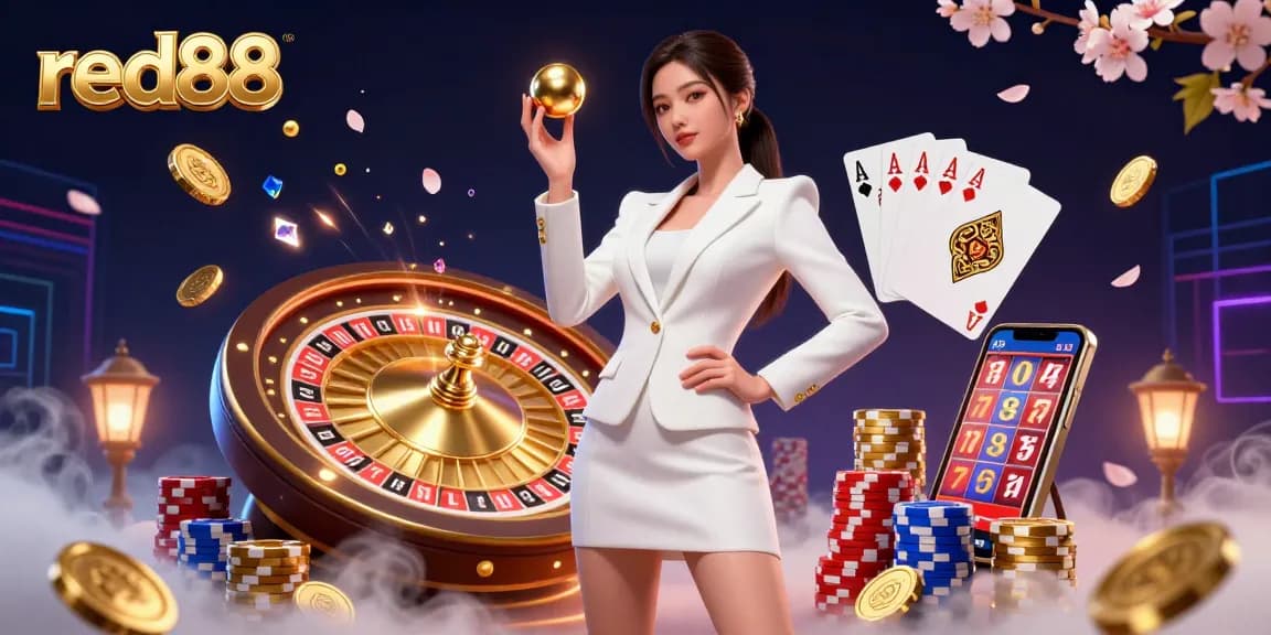 Spin the golden roulette ball at red88 with vibrant casino elements cascading in an exciting digital scene.