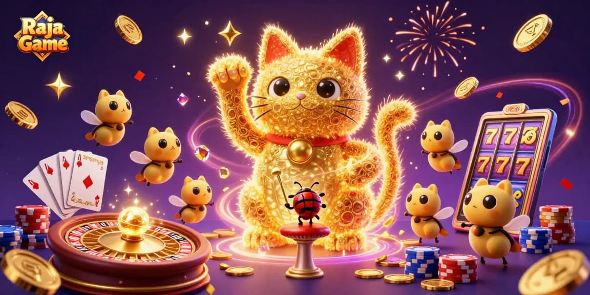 Engage with Raja Game's vibrant casino world, featuring lucky cat and exciting games.