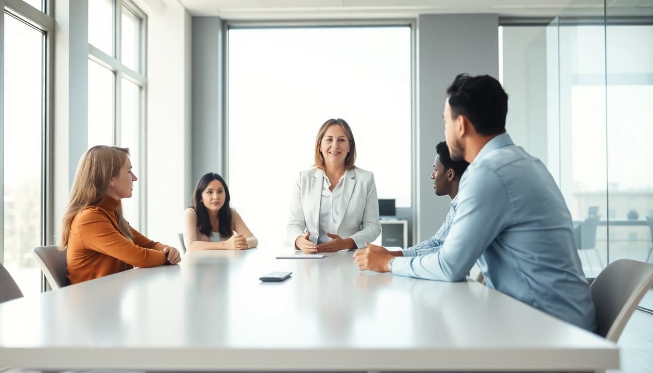 Mediation session in a bright office setting with a professional mediator and clients discussing.