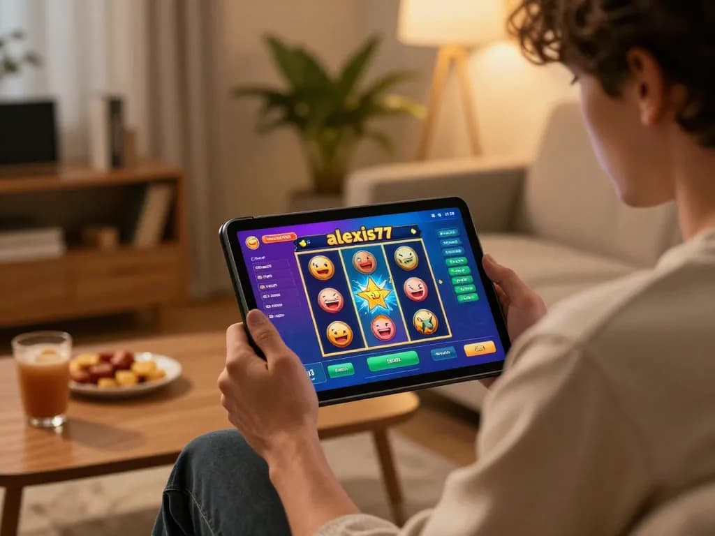 Experience the excitement of alexis77 slot while playing in a cozy home setting with a tablet.