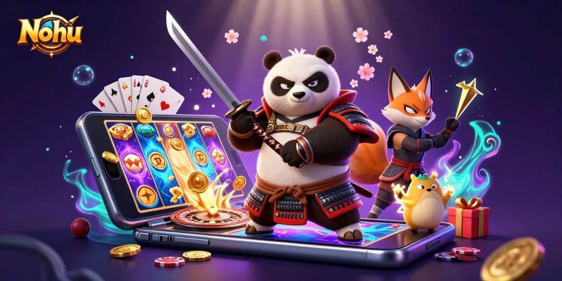 Nohu represents thrilling gameplay as a samurai panda and ninja fox engage with vibrant slot machines.