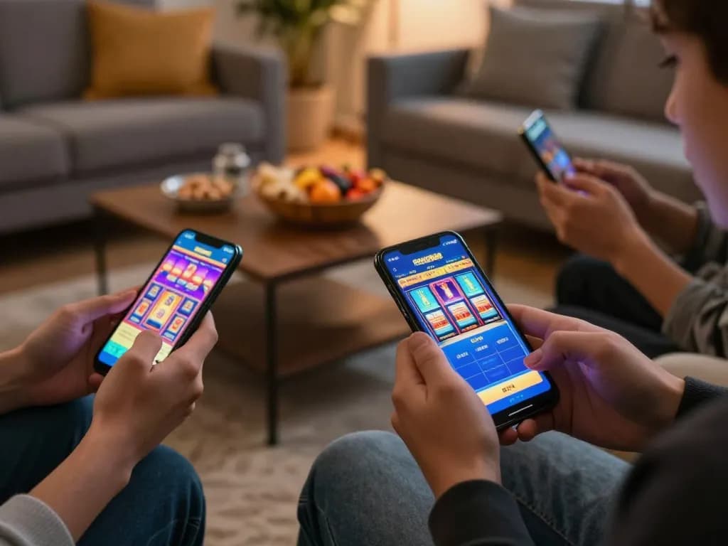 Experience the thrill of online slots on Paris888 with players enjoying games on their smartphones in a cozy setting.