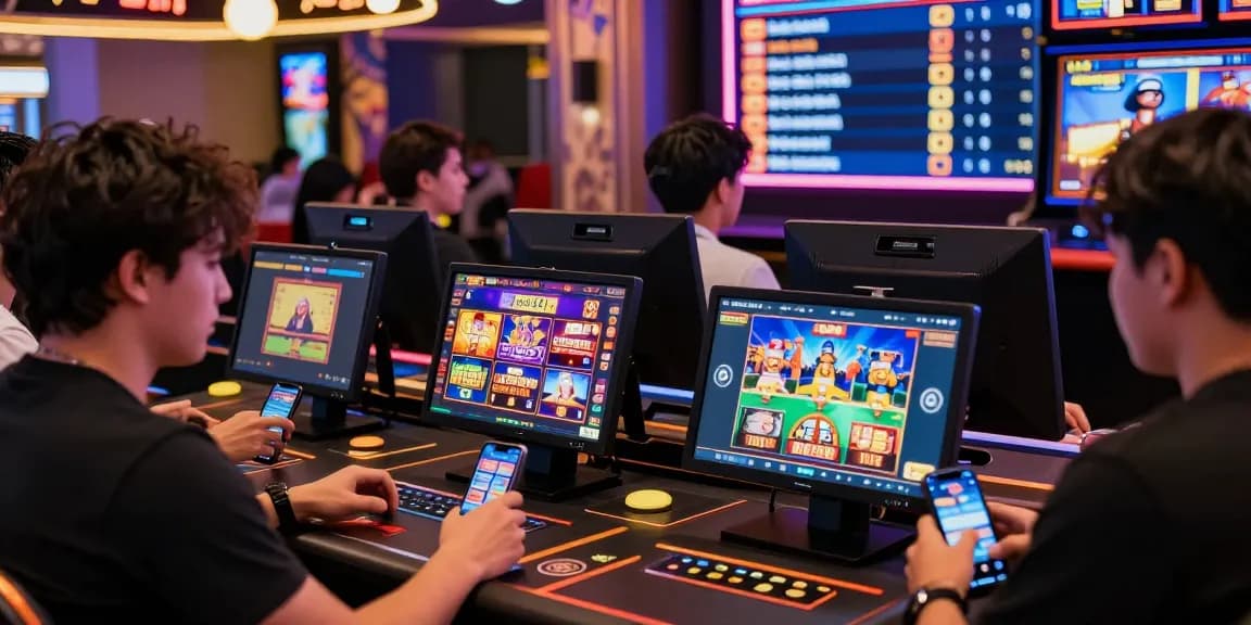 Players enjoying slot depo 5k games on digital devices in a vibrant online casino atmosphere.