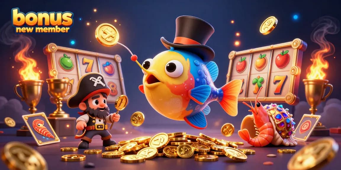 Join the action with bonus new member in this vibrant 3D casino illustration featuring lucky characters.