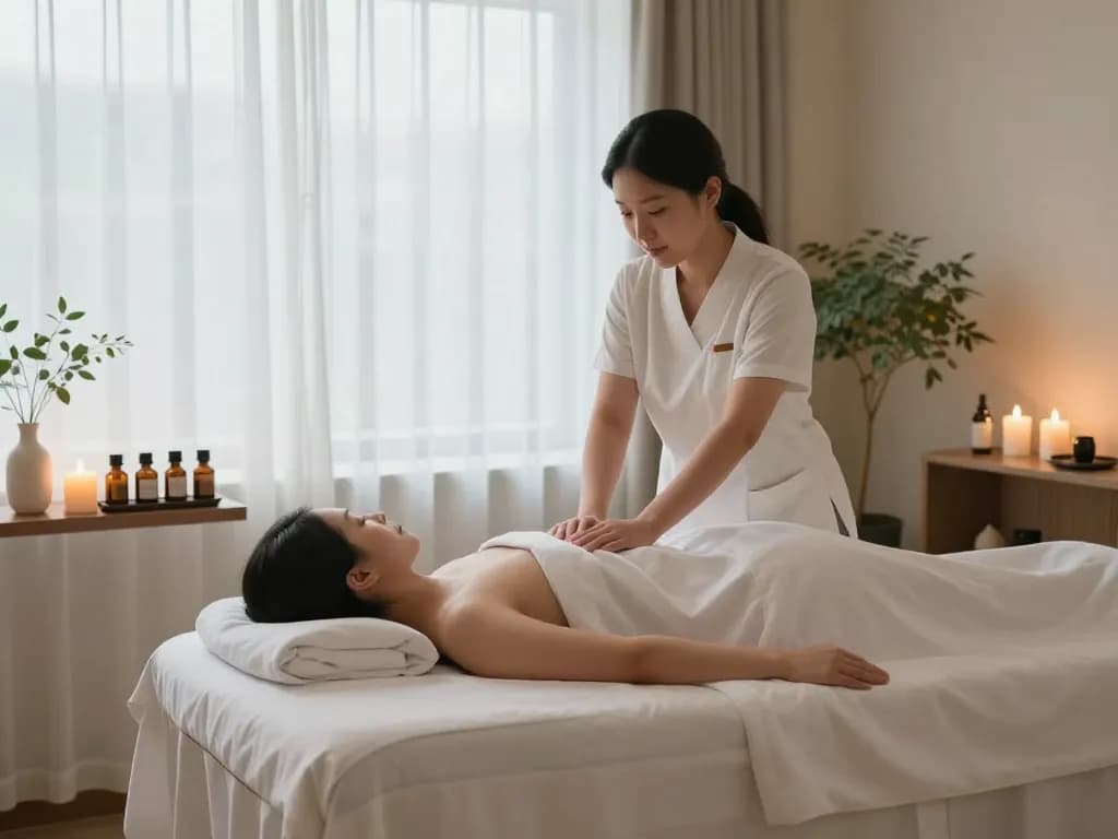 편안한 스파 환경에서 신사동마사지 서비스를 제공하는 전문가의 편안한 장면, 아늑한 조명과 에센셜 오일이 특징입니다.