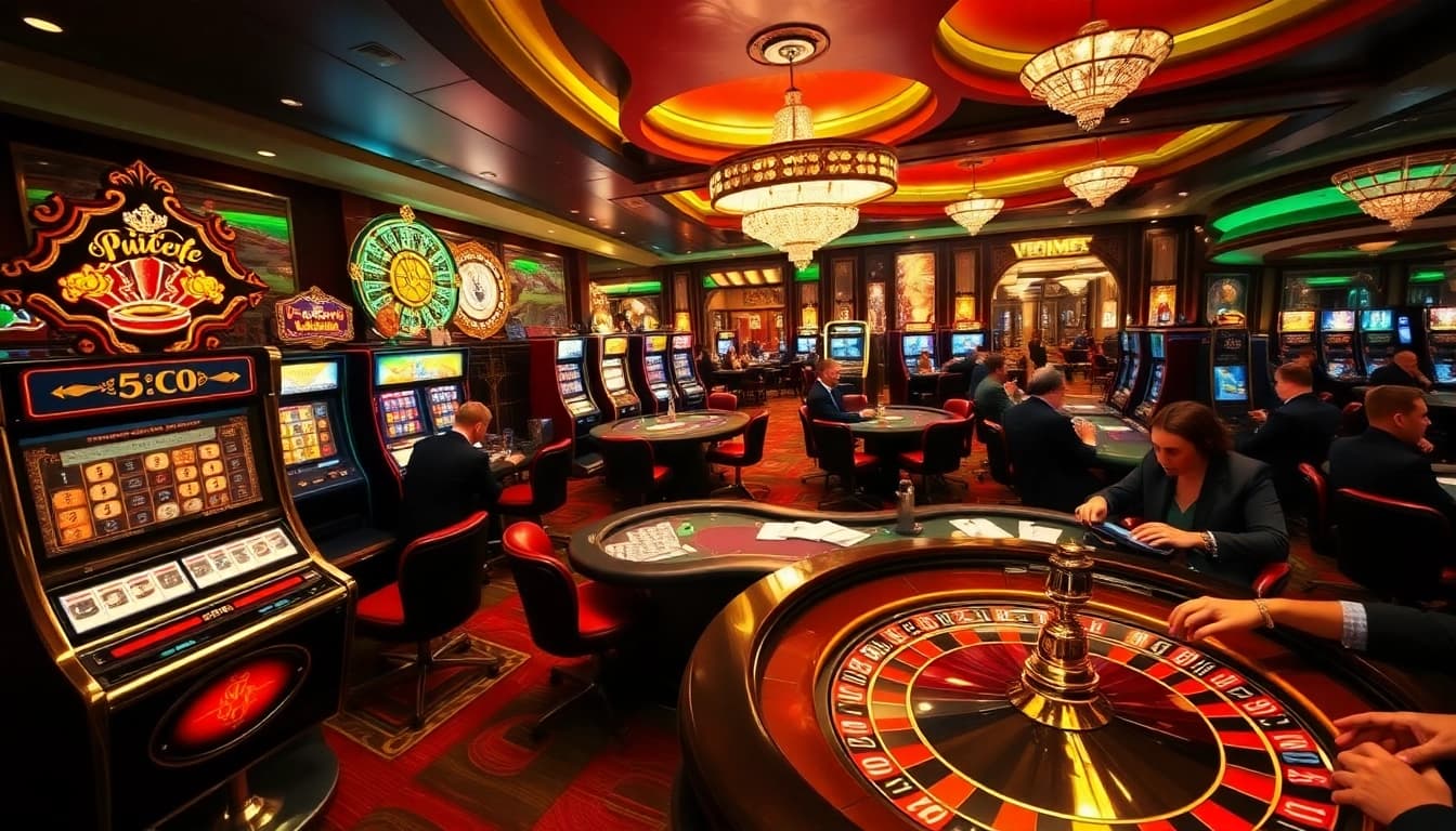 Scène excitante de casino en ligne France avec des tables de jeu luxueuses, des machines à sous colorées et des joueurs concentrés.
