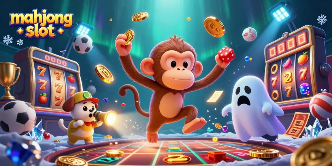 Engage in mahjong slot excitement with a playful monkey and puppy exploring a richly detailed casino.