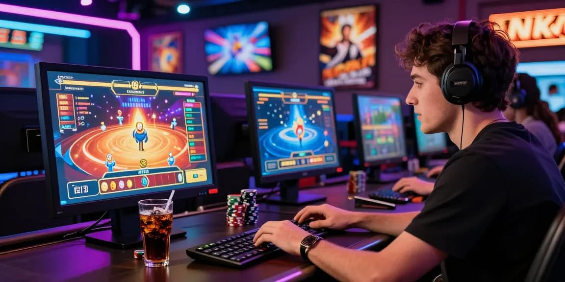 Joueur engagé dans un casino en ligne dynamique, mettant en avant l'excitation d'un casino fiable en ligne avec des jeux interactifs et un éclairage coloré.