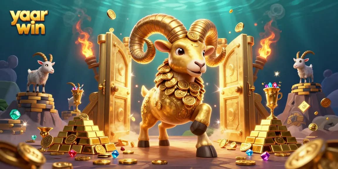 Join the thrilling adventure with yaar win as a giant golden ram charges past treasure in this vibrant casino scene.