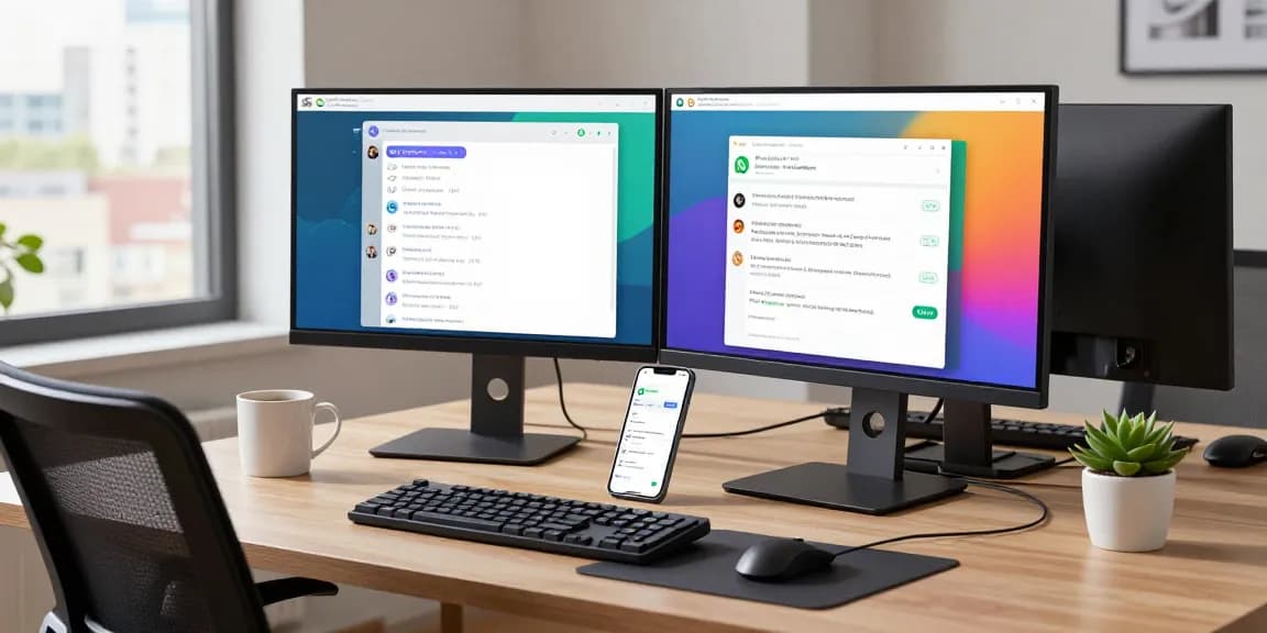 User engaging with WhatsApp電腦版 on multi-monitor setup in modern workspace, showcasing digital communication.
