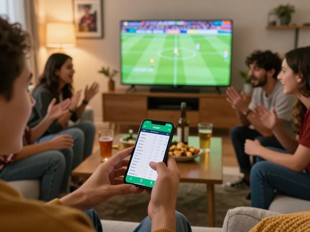 Engaged friends enjoying sports betting with the F8 BET app on their smartphone.