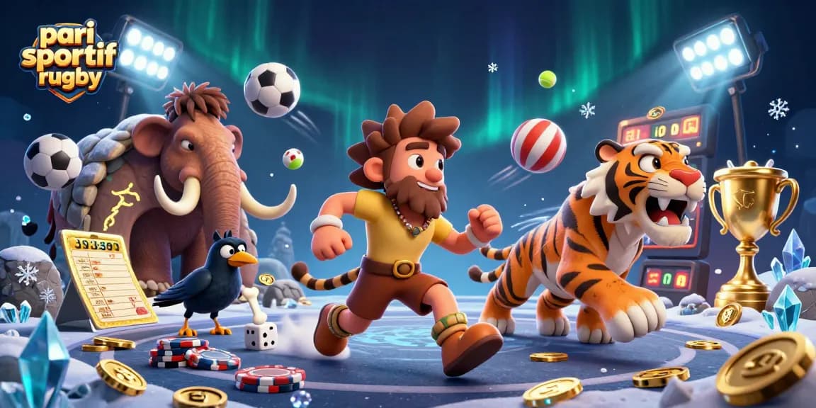 Profitez d'un pari sportif rugby excitant avec des personnages animés créant une ambiance de casino préhistorique.