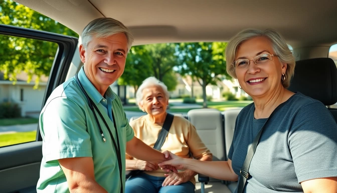 Elderly transportation services with a caregiver assisting an elderly person into a vehicle, emphasizing safety and care.