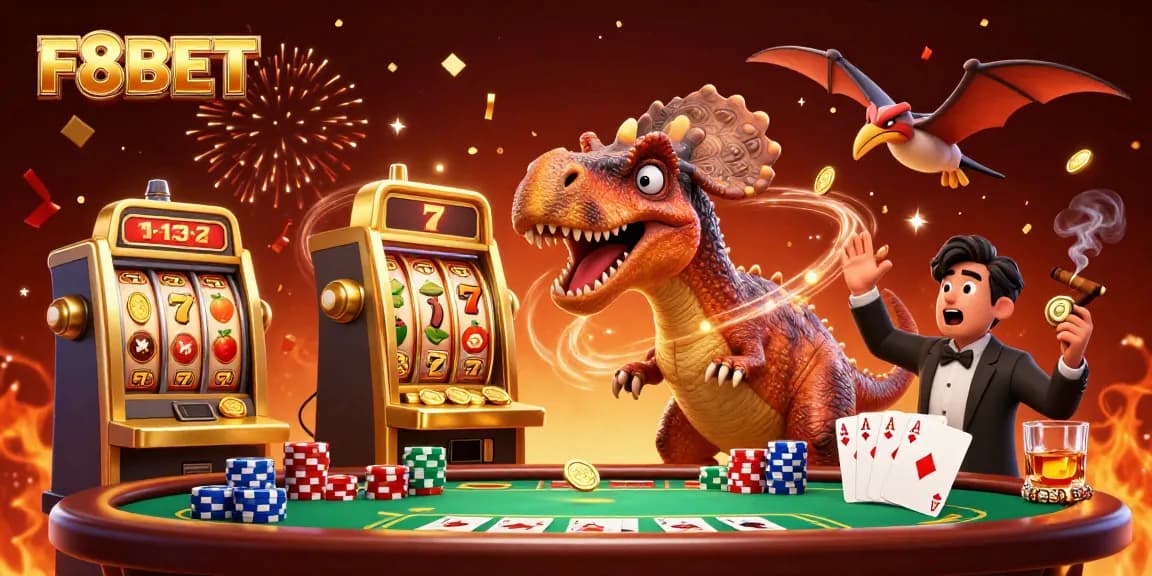 F8BET players headbutt a golden slot machine for a jackpot while a casino manager reacts.