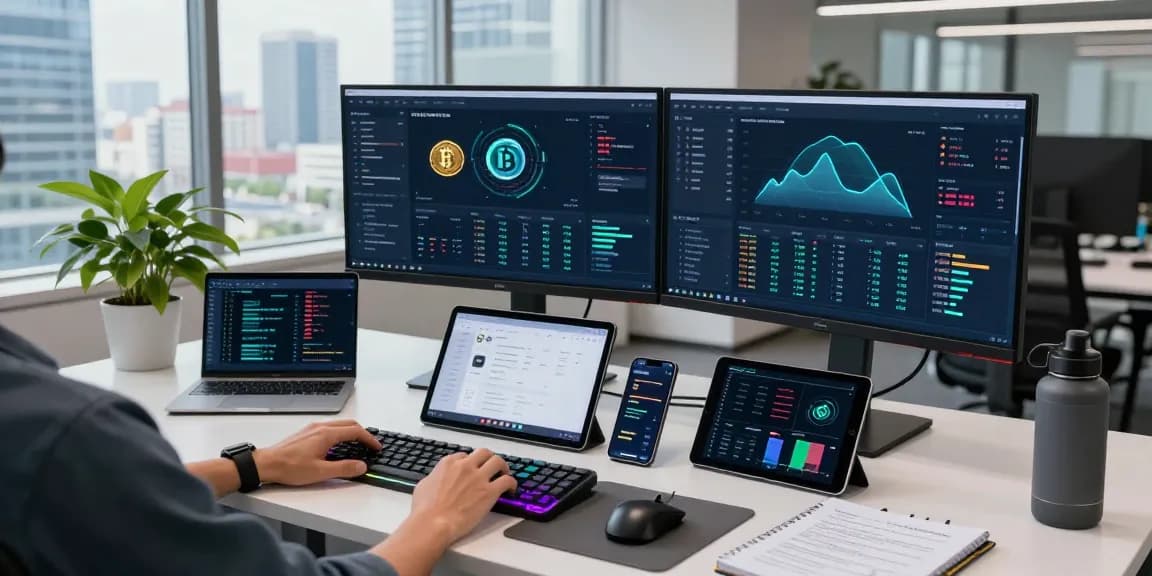 Modern cloud mining provider workspace highlighting cryptocurrency screens, digital wallet interface, and tech accessories.